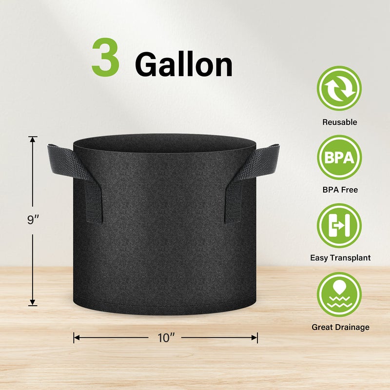 HealSmart Plant Grow Bags 3 Gallon, Tomoato Planter Pots 10-Pack with Handles, Aeration Nonwoven Fabric, Heavy Duty Gardening Planter for Vegetable, Herbs and Flowers, Black - Image 2